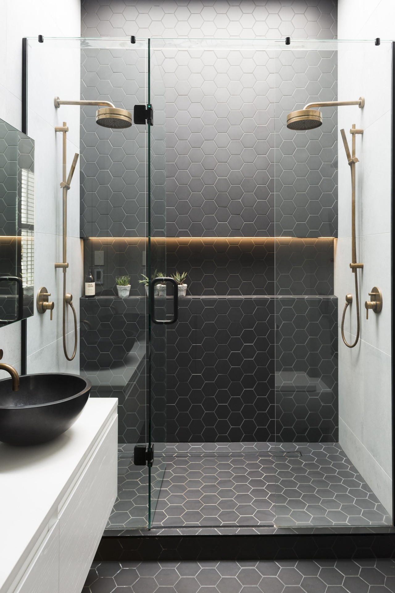 Caro Design bathroom, floor, flooring, plumbing fixture, shower, tap, tile, wall, gray, white, black