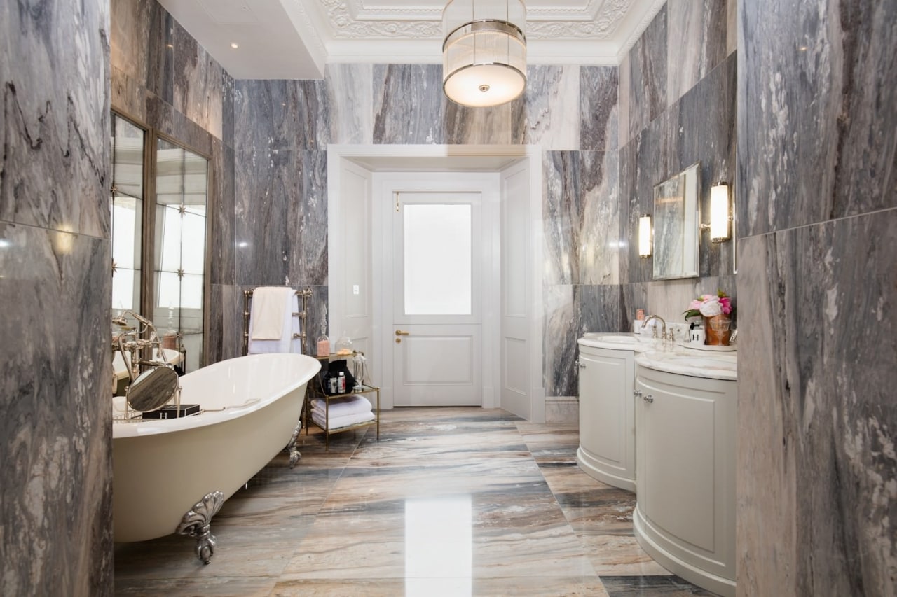 Architect: Alchemi GroupStory from Devon & bathroom, ceiling, estate, floor, flooring, home, interior design, room, gray