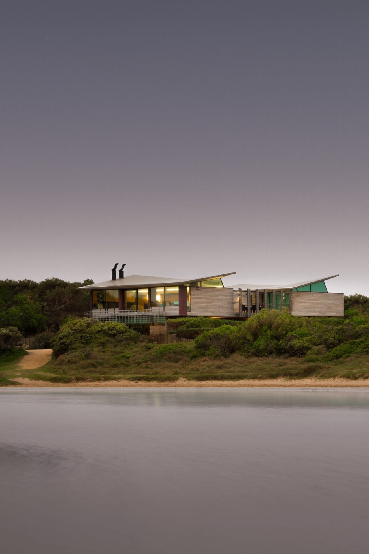 A view of the home from the water architecture, cloud, house, landscape, reflection, sky, water, gray