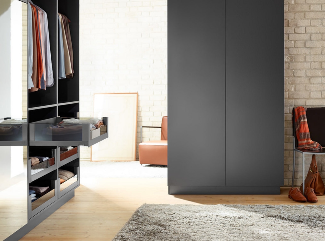 Blum's LEGRABOX drawer system makes decluttering a closet, door, floor, furniture, interior design, product design, room, wardrobe, white