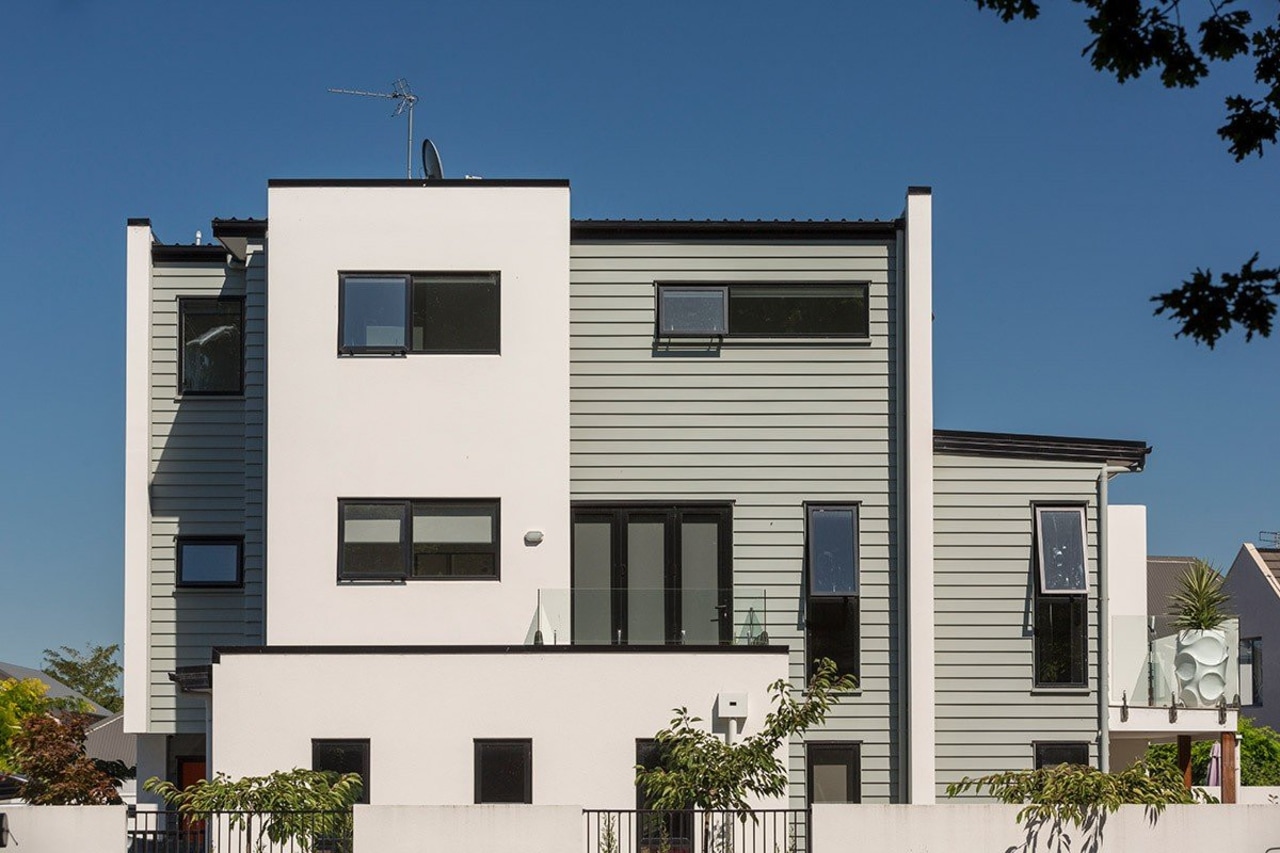 Contemporary apartments featuring Envira weatherboards in Christchurch city architecture, building, commercial building, elevation, facade, home, house, neighbourhood, property, real estate, residential area, siding, white