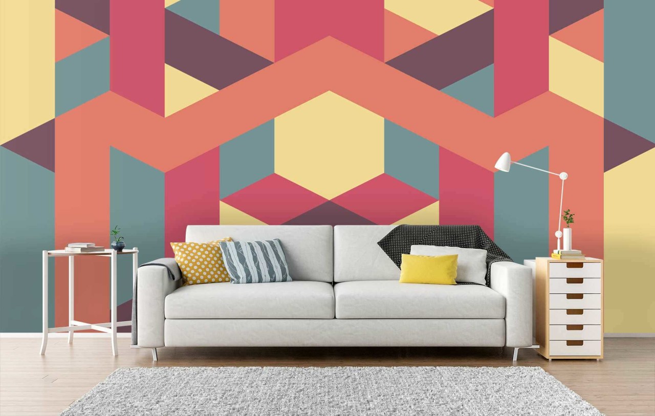 Geometric wallpaper interior design, living room, pattern, wall, wallpaper, red, white