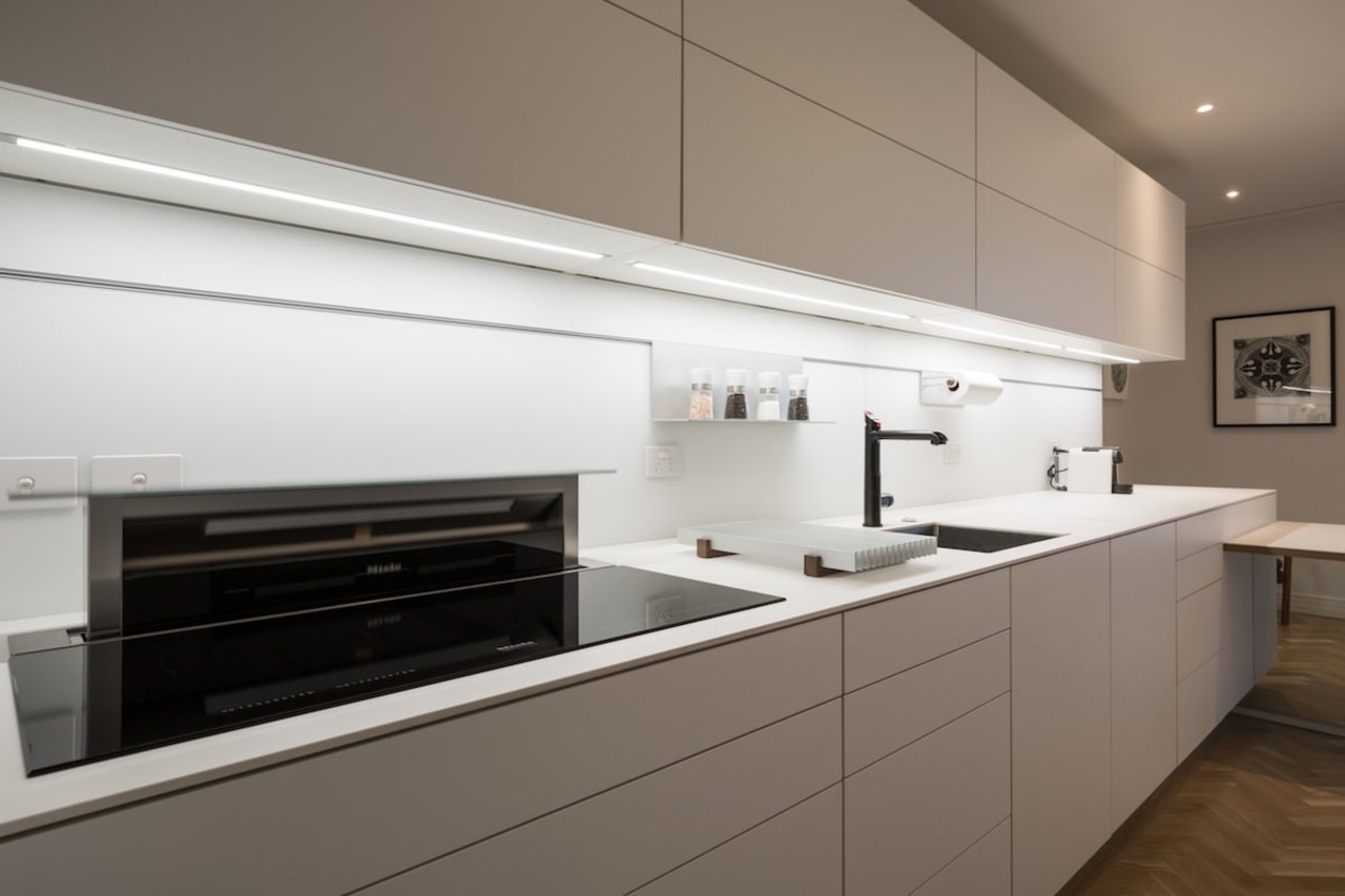 A pop-up Miele extractor means you've got powerful cabinetry, countertop, cuisine classique, home appliance, interior design, kitchen, kitchen stove, product design, gray, white