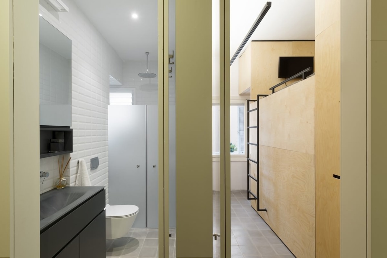 You can see into both the bathroom and architecture, daylighting, floor, glass, handrail, house, interior design, real estate, gray