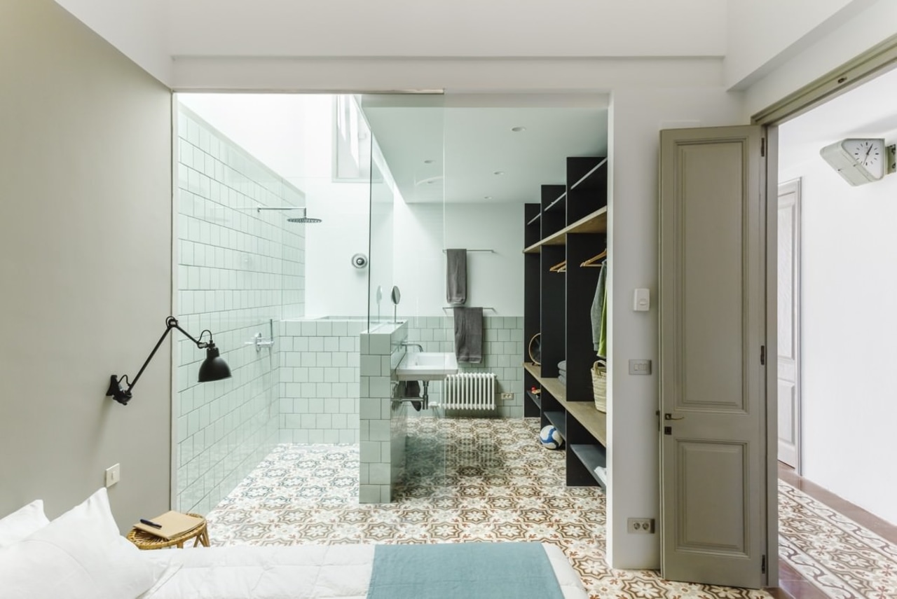 This open bathroom features tiles from the kitchen, architecture, bathroom, floor, home, house, interior design, property, real estate, room, gray, white