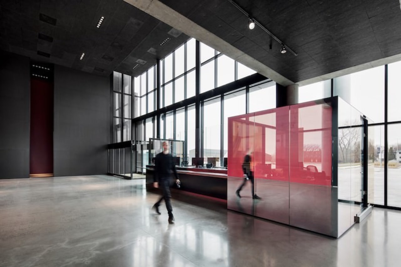 Large windows flood the foyer with light architecture, floor, interior design, lobby, tourist attraction, black, gray