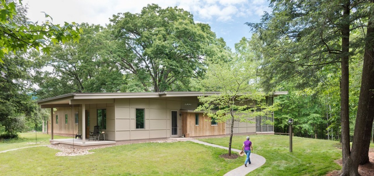 This curving pathway leads you to the front architecture, cottage, estate, home, house, landscape, property, real estate, tree, green