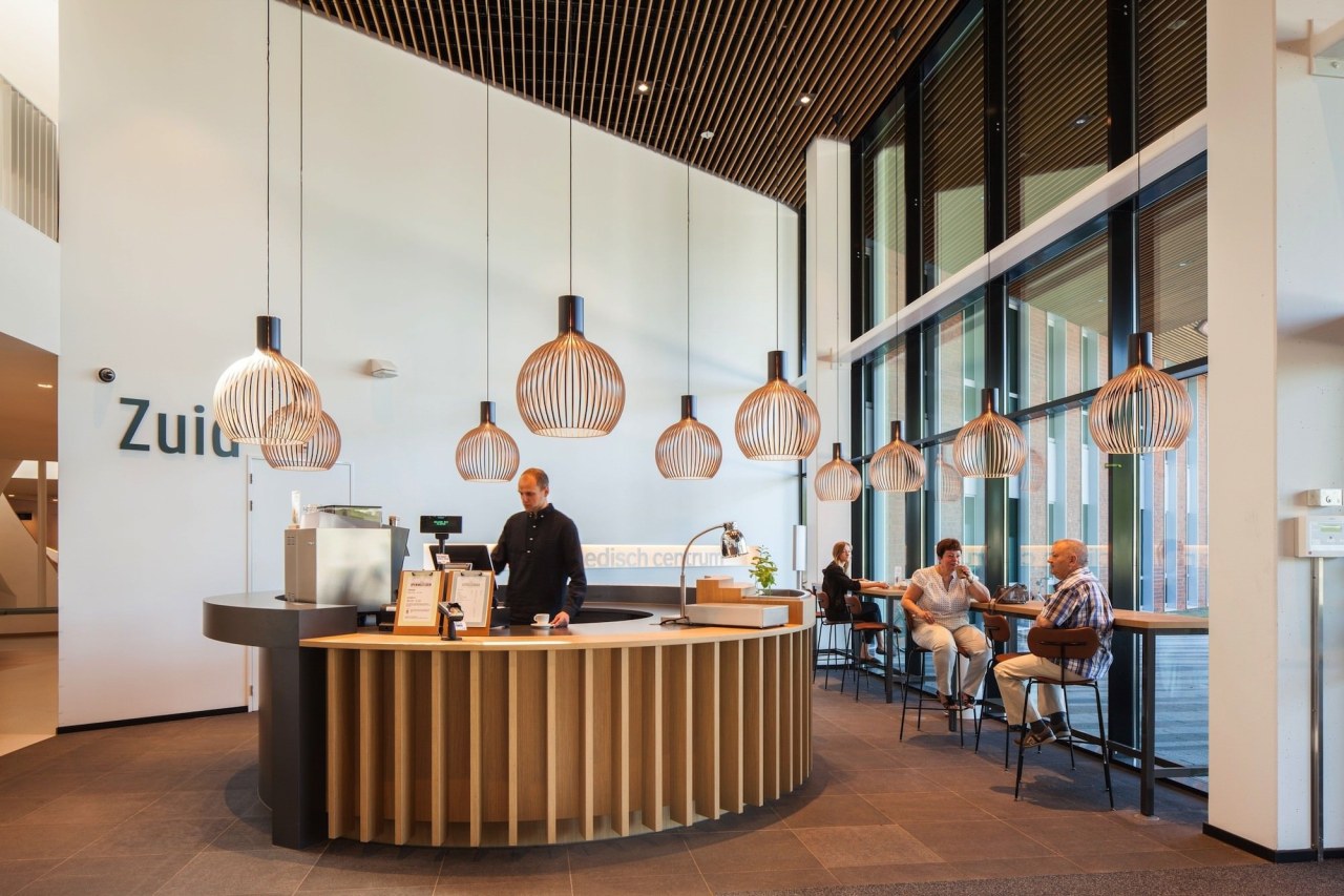 Zaans Medical Centre – Mecanoo furniture, interior design, lobby, table, gray