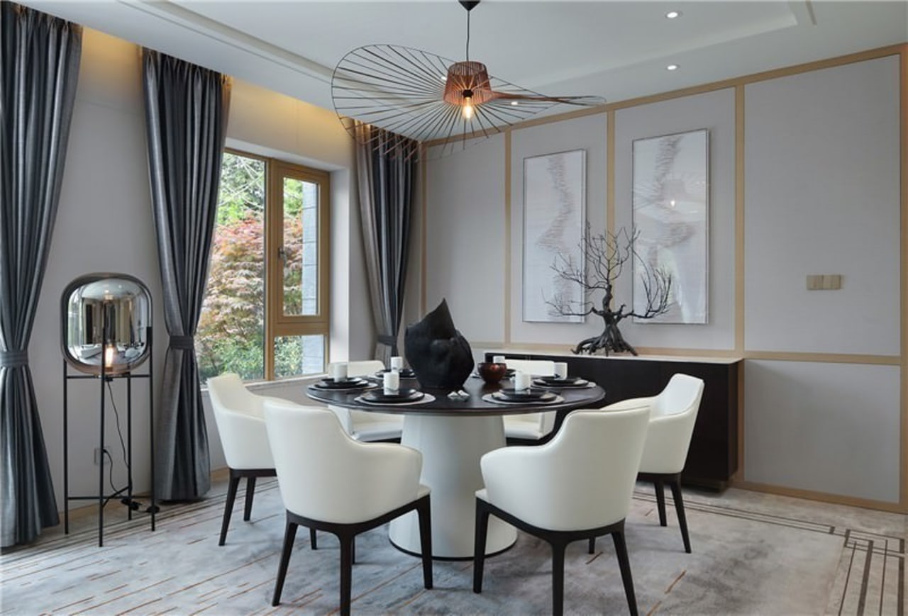This dining area sits off from the lounge ceiling, dining room, furniture, home, interior design, living room, real estate, room, table, window, gray