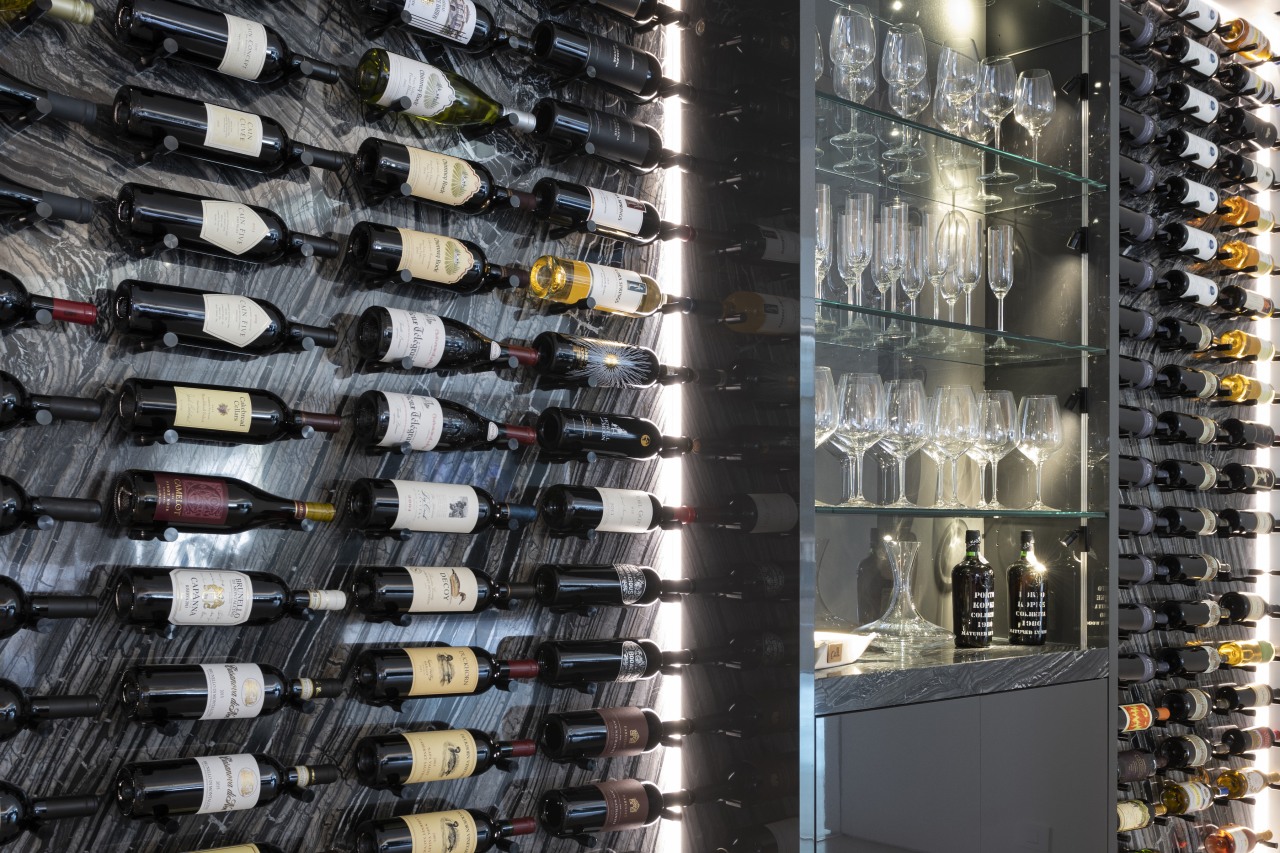 The great room incorporates a temperature-controlled wine storage 