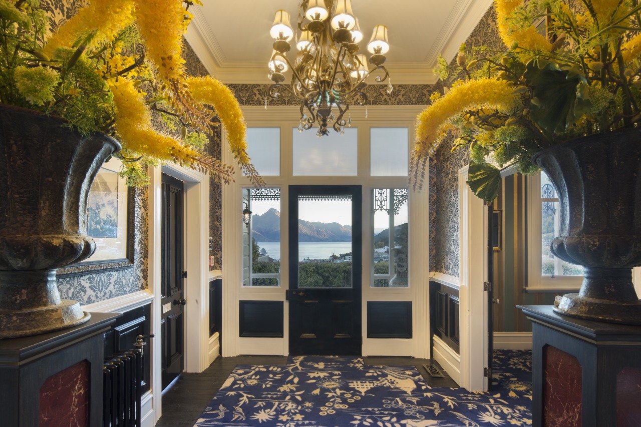 Hulbert House, Queenstown, New Zealand - architecture | architecture, building, ceiling, estate, floor, furniture, home, house, interior design, molding, property, real estate, room, tree, yellow, black, brown