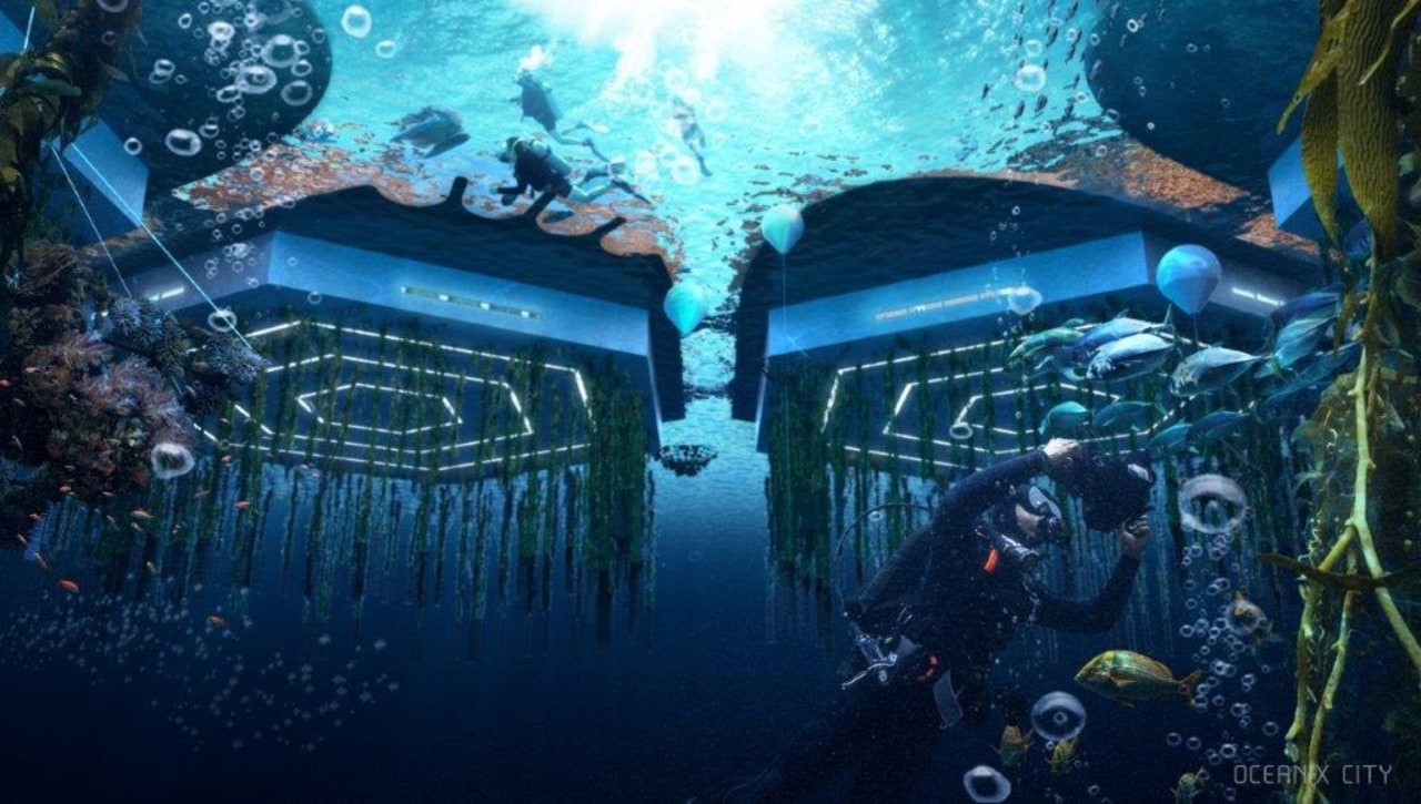 Below sea level, beneath the platforms, biorock floating action-adventure game, cg artwork, digital compositing, illustration, organism, space, underwater, world, blue
