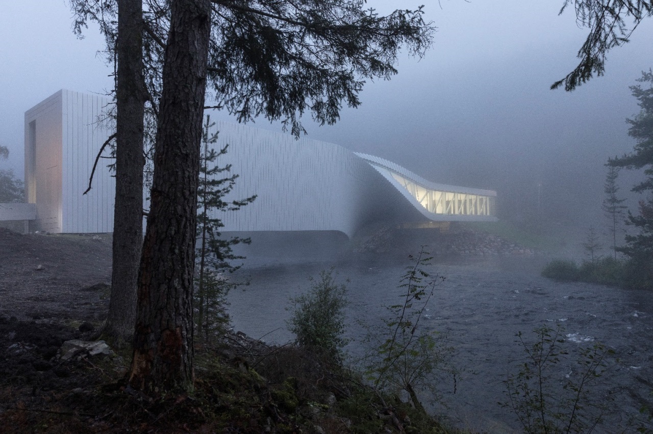Seen through a dawn mist, the Twist Museum architecture, atmospheric phenomenon, fog, haze, mist, morning, sky, tree, black