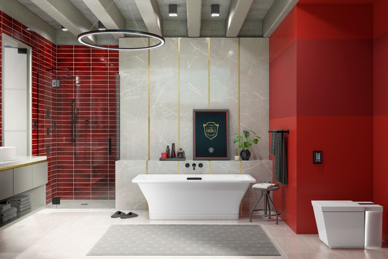 Mahogany Ann Sacks Crackle Collection tile paired with matte architecture, bathroom, bathtub, building, ceiling, floor, flooring, home, house, interior design, material property, plumbing fixture, property, red, room, tile, toilet, red, gray