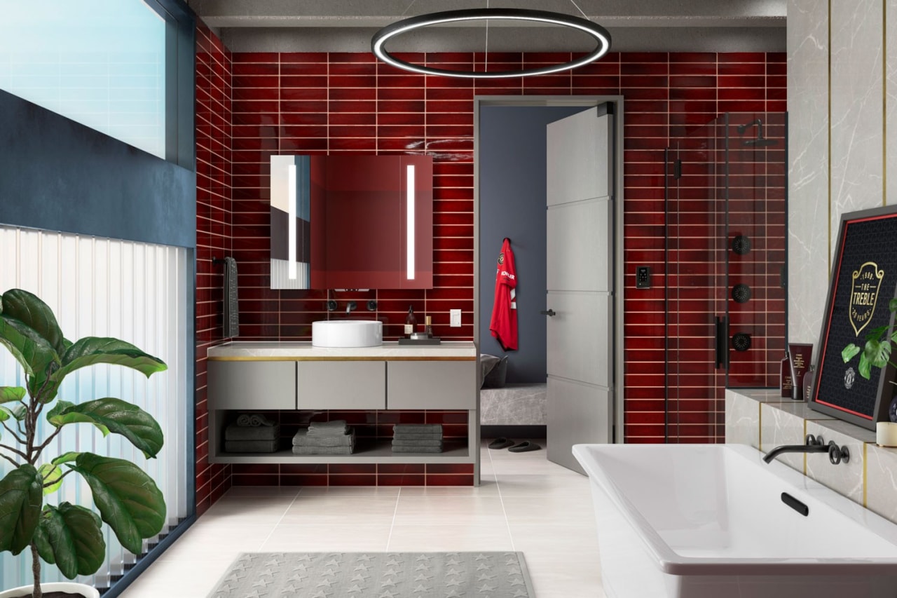 The Kohler design team sought to embrace Manchester architecture, bathroom, building, cabinetry, ceiling, floor, flooring, furniture, home, house, interior design, living room, property, real estate, red, room, sink, tile, white, red