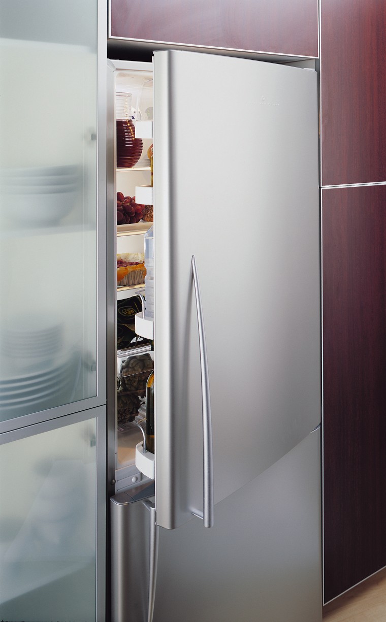 A Fisher & Paykel Iridium refrigerator. The fridge home appliance, major appliance, product design, refrigerator, gray