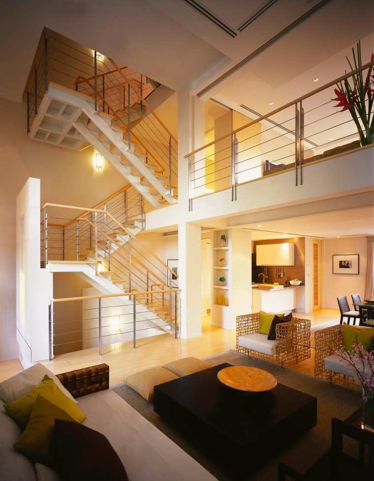 View of the main living area with wooden apartment, architecture, ceiling, daylighting, handrail, home, house, interior design, living room, lobby, loft, real estate, stairs, window, brown, orange