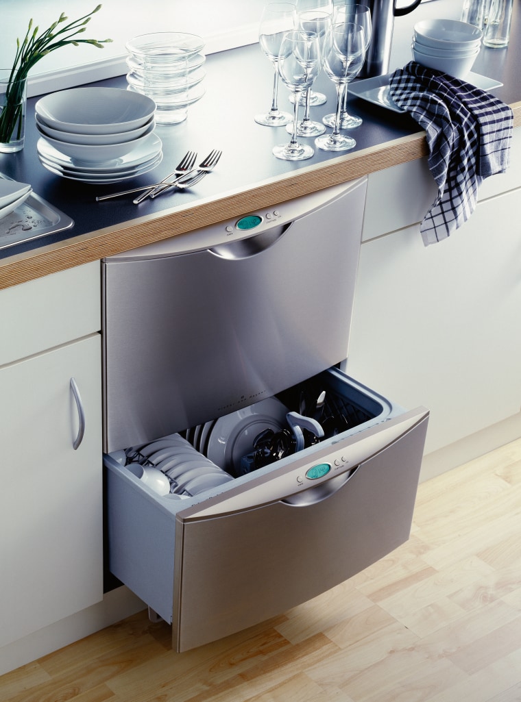 View of a double drawer stainless steel dishwasher. drawer, furniture, home appliance, kitchen appliance, major appliance, product, product design, tap, white, gray