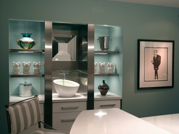 view of the colourless master bedroom featuring vinyl bathroom, bathroom accessory, furniture, home, interior design, product, product design, room, shelf, shelving, gray, black