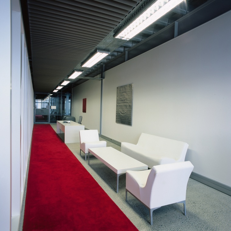 A view of the hallway in the office, architecture, ceiling, daylighting, furniture, interior design, office, product design, table, gray