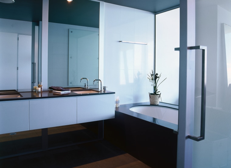Bathroom with white bath and cabinetry and black bathroom, bathroom accessory, countertop, glass, interior design, product design, room, sink, teal, black