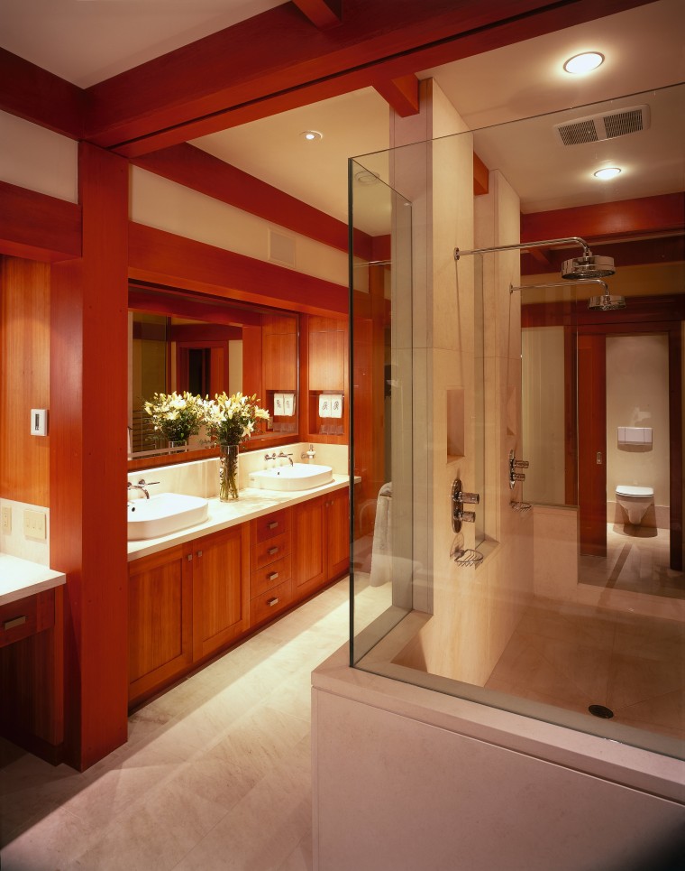 view of this bathroom featuring cherry wood vanity/cabinetry, bathroom, cabinetry, ceiling, countertop, interior design, kitchen, room, brown, red