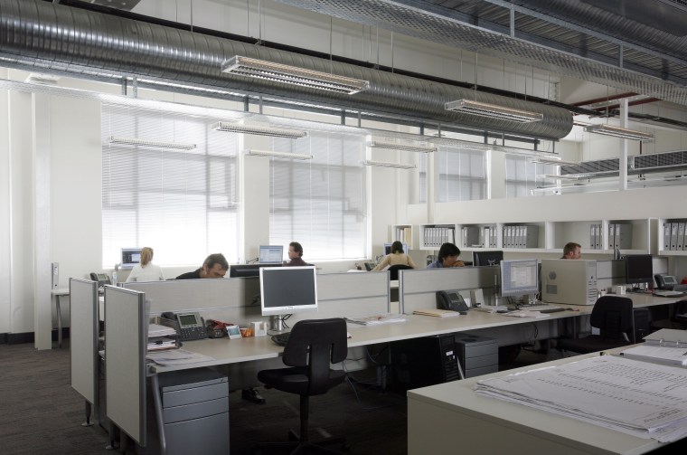 Steelwork and Services were exposed to gain additional daylighting, interior design, office, gray, white, black