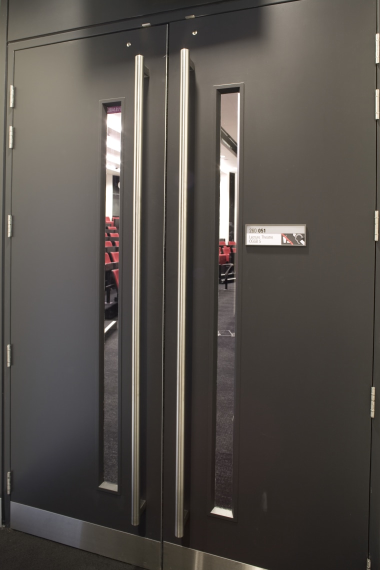 View of fire safety and disability friendly doors door, black, gray