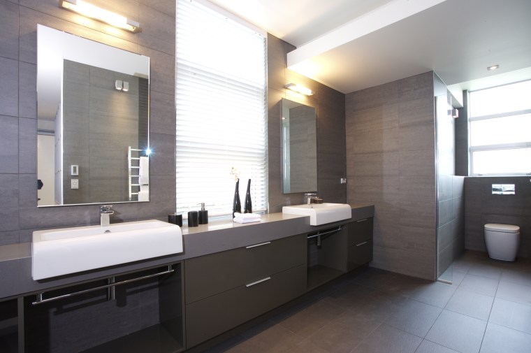 interior bathroom view of oak manor. Design by bathroom, countertop, floor, interior design, kitchen, real estate, room, sink, white, gray