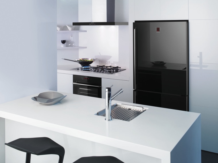 This chic kitchen features a bottom-mount refrigerator, oven, furniture, kitchen, office, product, product design, table, white