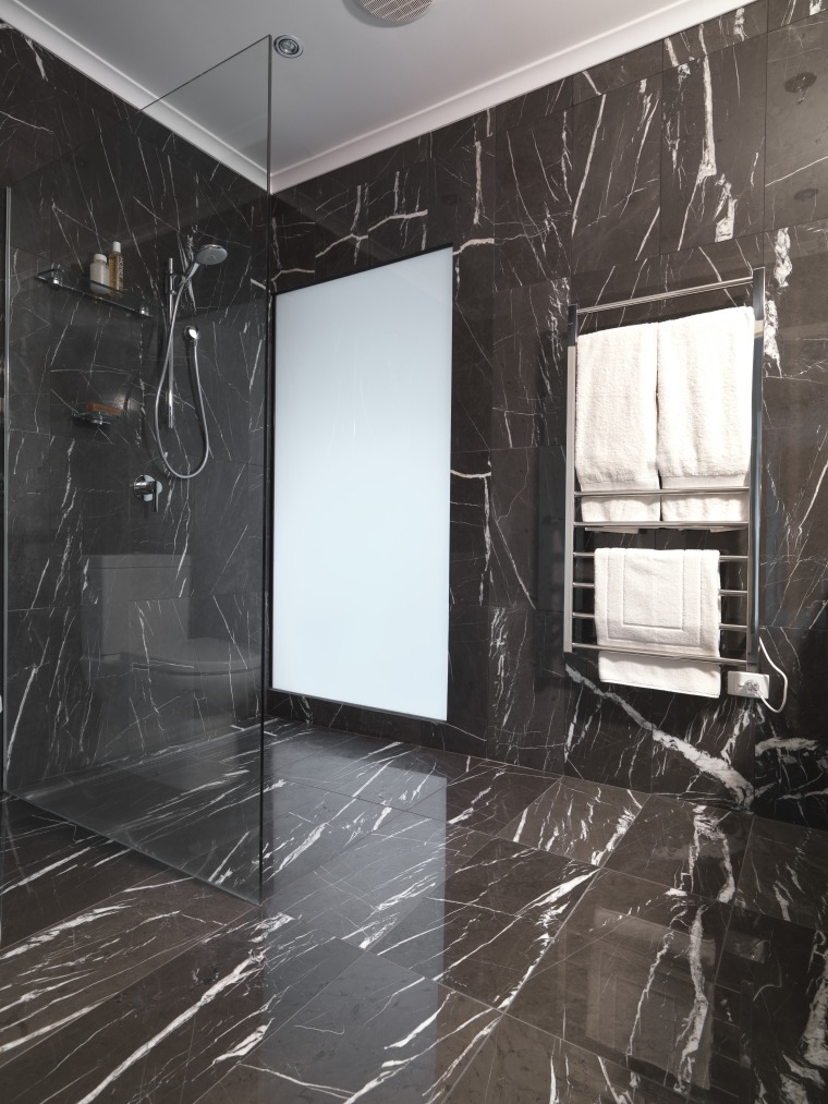 View of bathroom which features chocolate-coloured marble floor architecture, black and white, ceiling, floor, flooring, glass, interior design, room, tile, wall, window, black, gray