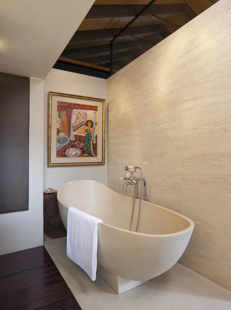 Contemporay bathroom in this Singapore house architecture, bathroom, ceiling, floor, flooring, interior design, plumbing fixture, room, sink, wall, orange, gray