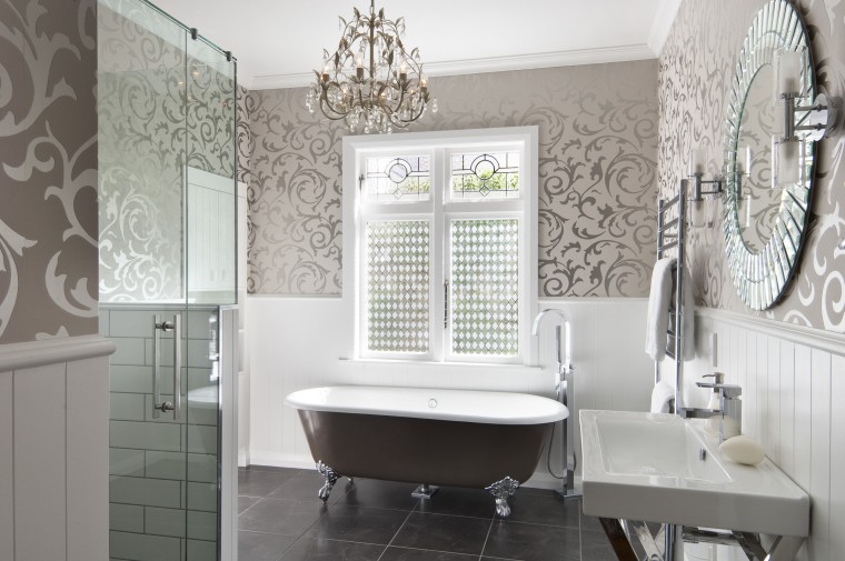 View of bathroom in a 1930s bungalow designed bathroom, floor, home, interior design, room, tile, wall, window, gray