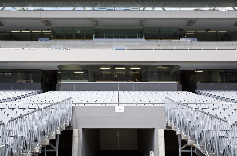 View of the stands at Eden Park which architecture, building, roof, sport venue, structure, gray, black