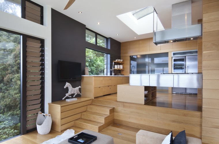 Raised floor kitchen. Stainless steel Binova cooktop. American architecture, house, interior design, living room, real estate, window, gray