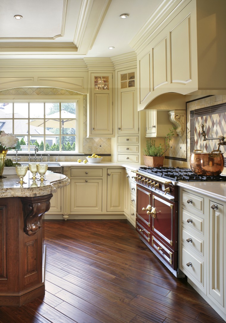 View of kitchen designed by Antoinette Fraser of cabinetry, countertop, cuisine classique, floor, flooring, hardwood, home, interior design, kitchen, room, window, wood, wood flooring, white, brown