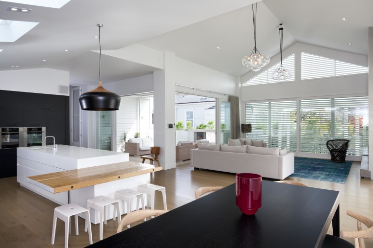 This kitchen and living room in a renovated architecture, ceiling, house, interior design, living room, real estate, table, gray
