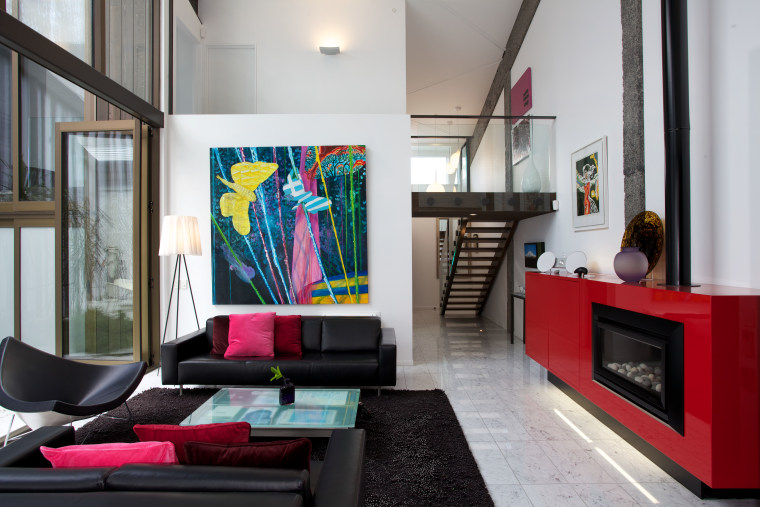 Resene White forms a quiet backdrop to Resene house, interior design, living room, loft, gray, black