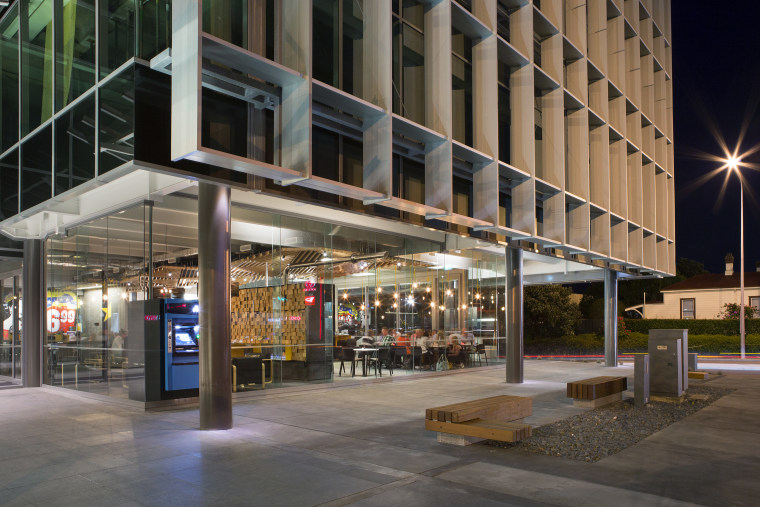 Part of the ground floor of the ANZ architecture, building, city, downtown, metropolitan area, mixed use, night, black, gray