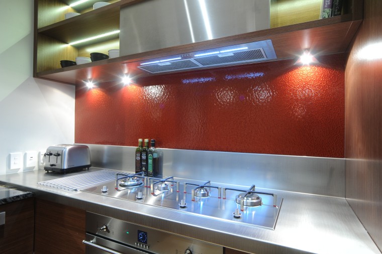 Kitchen designer Suyin says the extra-long Smeg Linea countertop, glass, interior design, kitchen, red, gray