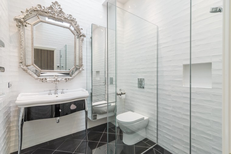 White, textured brick-pattern wall tiles and diagonally set bathroom, bathroom accessory, floor, home, interior design, room, tile, white, gray