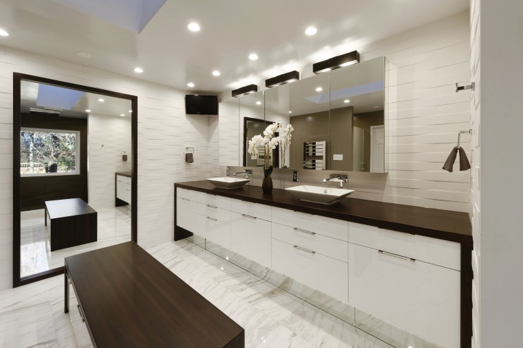 In this master bathroom project, a large mirror cabinetry, countertop, cuisine classique, interior design, kitchen, real estate, room, sink, gray