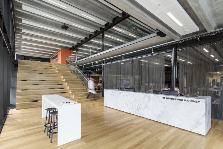 Warren and Mahoneys own studio features a stairway architecture, interior design, gray