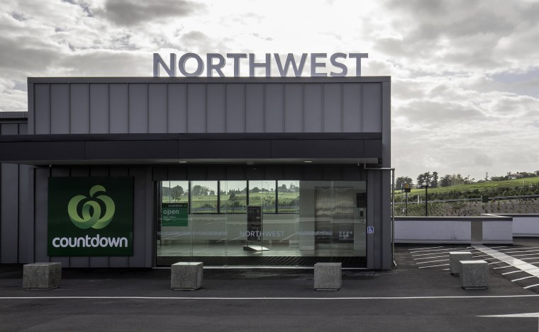 Countdown supermarket at NorthWest Shopping Centre benefits from infrastructure, gray, white, black