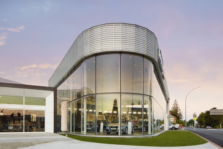 For the design of this upmarket car showroom, architecture, building, commercial building, condominium, corporate headquarters, facade, headquarters, mixed use, real estate, gray, blue