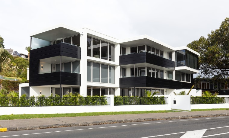Spans of picture windows and expansive decks connect apartment, architecture, building, commercial building, condominium, corporate headquarters, elevation, facade, home, house, mixed use, neighbourhood, property, real estate, residential area, white