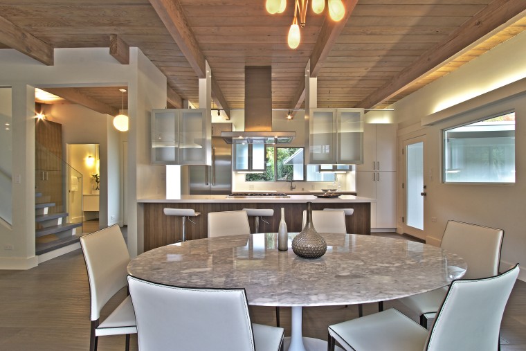 This reinvented kitchen forms part of a whole-house ceiling, dining room, estate, interior design, living room, real estate, table, gray, brown