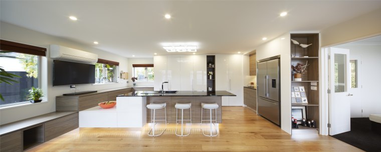 This luxury kitchen is by Aurora Australis Interior, ceiling, floor, flooring, hardwood, home, house, interior design, kitchen, living room, property, real estate, room, gray