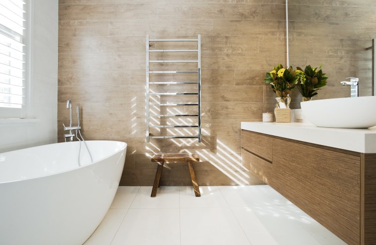 Contemporary Bathroom Addition Has Timber Look Trends - Wood Tile Feature Wall Bathroom Contemporary Bathroom Addition Has Timber Look Trends - Wood Tile Feature Wall Bathroom
