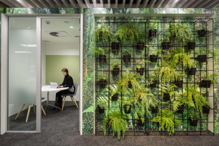 These quiet rooms are fronted by a architecture, grass, green, plant, tree, gray
